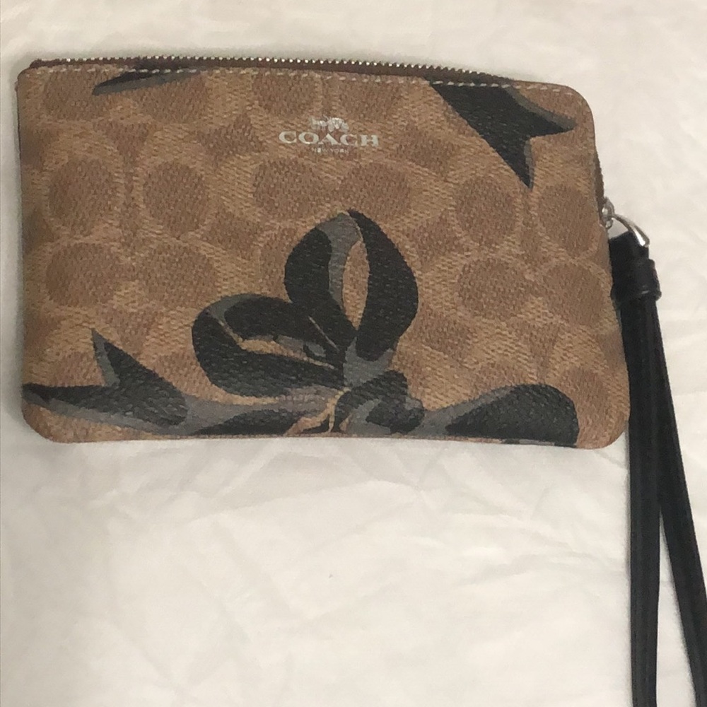 Coach Brown Signature Floral Wristlet with Black Trim - Picture 9 of 9